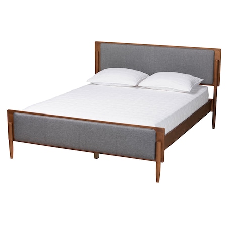 Baxton Studio Powers Mid-Century Modern Grey Fabric and Ash Walnut Finished Wood King Size Platform Bed 236-12780-ZORO